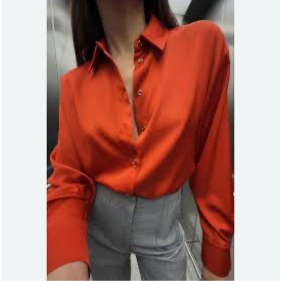 👻Zara Orange Satin Heavy Weight Top Large cuffs L - Picture 1 of 7